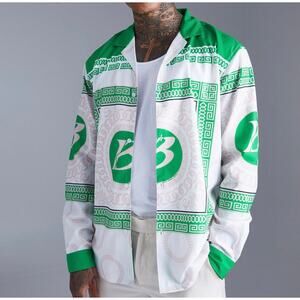 NWT Boohoo MAN Printed Oversized Baroque Long Sleeve Shirt Green/White XS